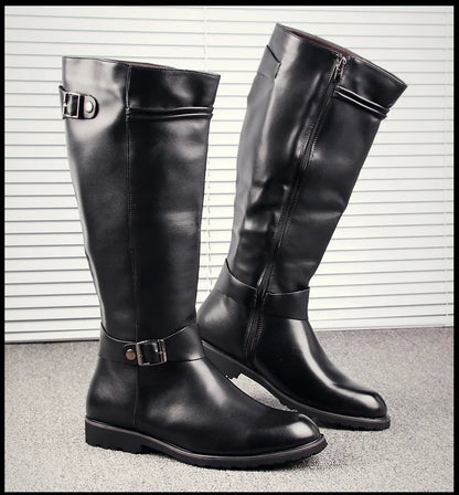 Men’s Knee High Leather Boots with Side Zipper & Buckle