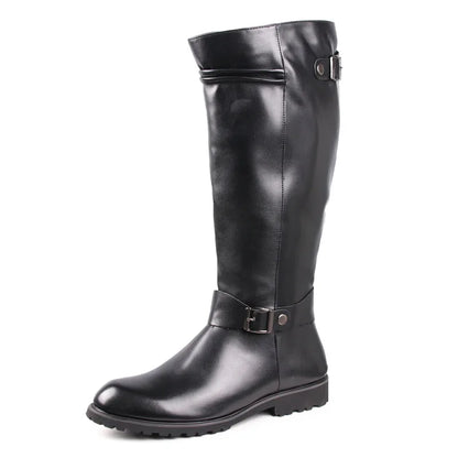 Men’s Knee High Leather Boots with Side Zipper & Buckle