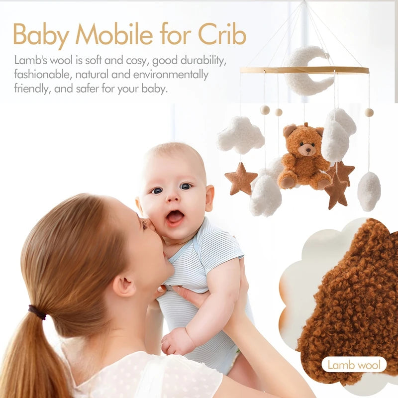 Baby Crib Mobile with Music Box – Wooden Hanging Plush Toy Bell for Newborns