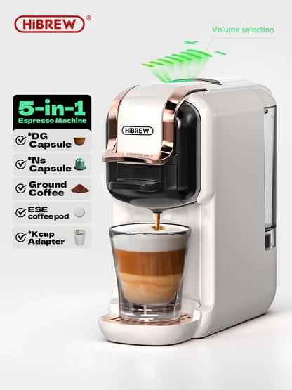 HiBREW 5 in 1 Multiple Capsule Coffee Machine Hot/Cold DG Cappuccino Nes Small Capsule ESE Pod Ground Coffee Cafeteria 19Bar H2B